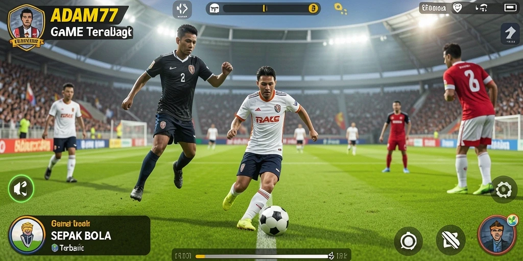 Screenshot ADAM77 menunjukkan aksi sepak bola yang mendebarkan.