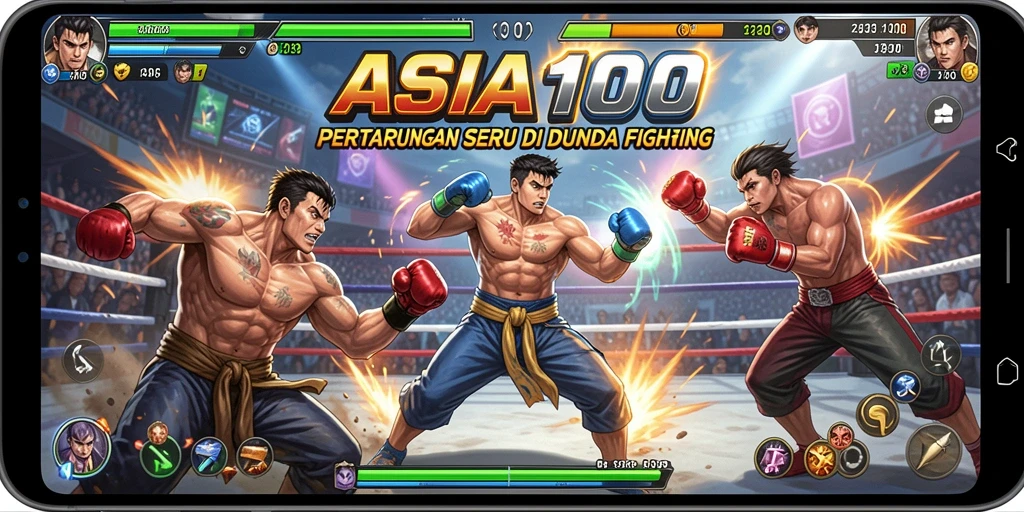 Screenshot ASIA100 menampilkan aksi pertarungan antara karakter unik.