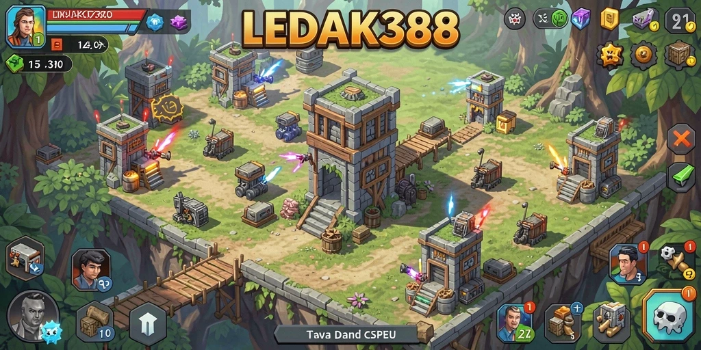 Screenshot menampilkan gameplay seru dari LEDAK388, dengan menara yang berkali-kali menyerang musuh.