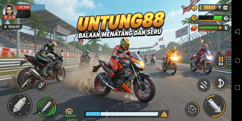 Gameplay seru di UNTUNG88 menunjukkan aksi balapan motor yang mendebarkan.