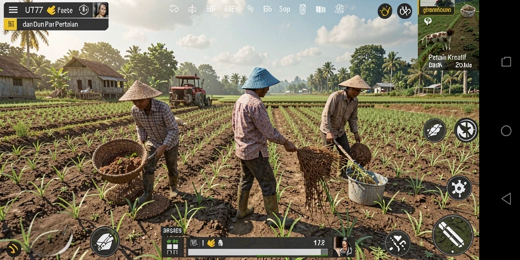 Tangkapan layar UT77 menampilkan pemain sedang bertani dan merawat hewan.
